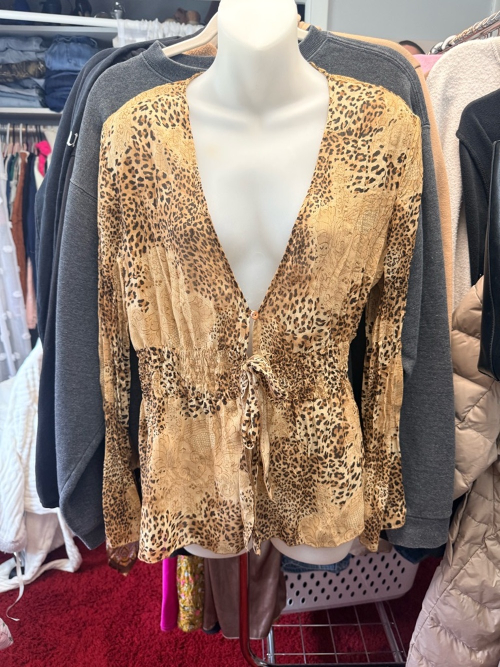 Y2K Women's Beige Leopard Print Tie-Front Top